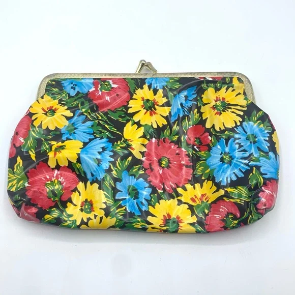 Vintage 60s Floral Kiss Lock Coin Purse Retro Mod Flower Makeup Bag - Picture 1 of 10